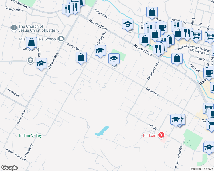 map of restaurants, bars, coffee shops, grocery stores, and more near 1 Harris Hill Drive in Novato