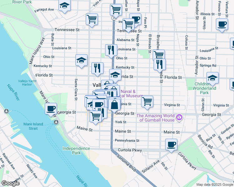 map of restaurants, bars, coffee shops, grocery stores, and more near in Vallejo