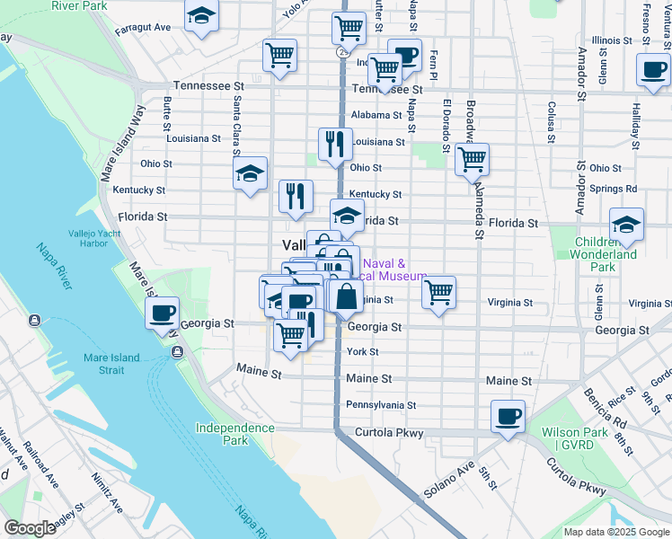 map of restaurants, bars, coffee shops, grocery stores, and more near in Vallejo