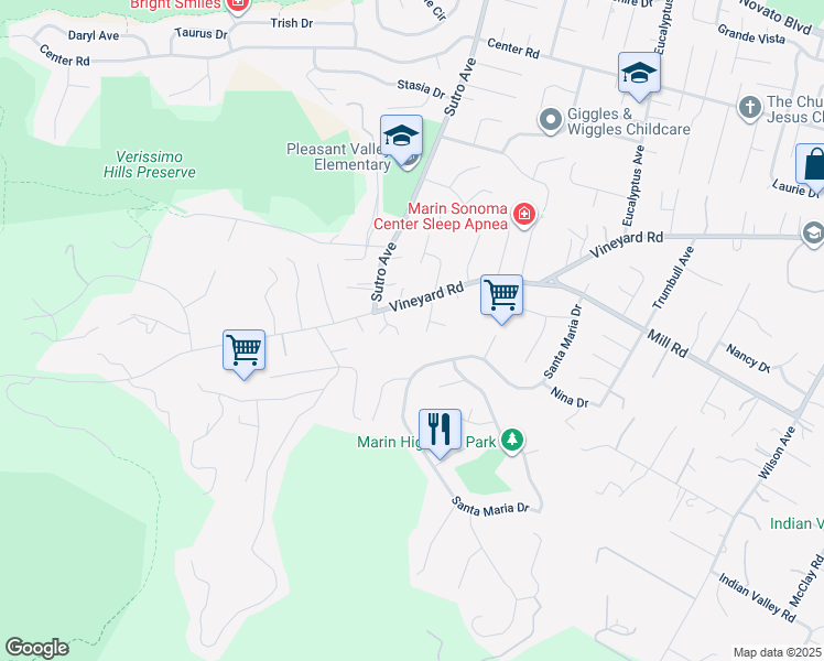 map of restaurants, bars, coffee shops, grocery stores, and more near 7 Bear Creek Road in Novato