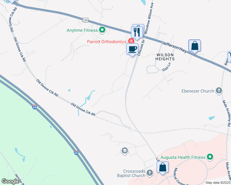 map of restaurants, bars, coffee shops, grocery stores, and more near 2 Old Oaks Drive in Staunton