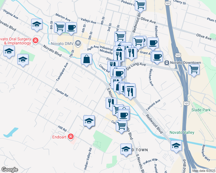 map of restaurants, bars, coffee shops, grocery stores, and more near 1600 Novato Boulevard in Novato