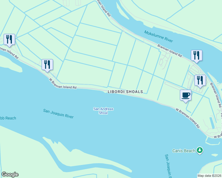 map of restaurants, bars, coffee shops, grocery stores, and more near 521 West Brannan Island Road in Isleton