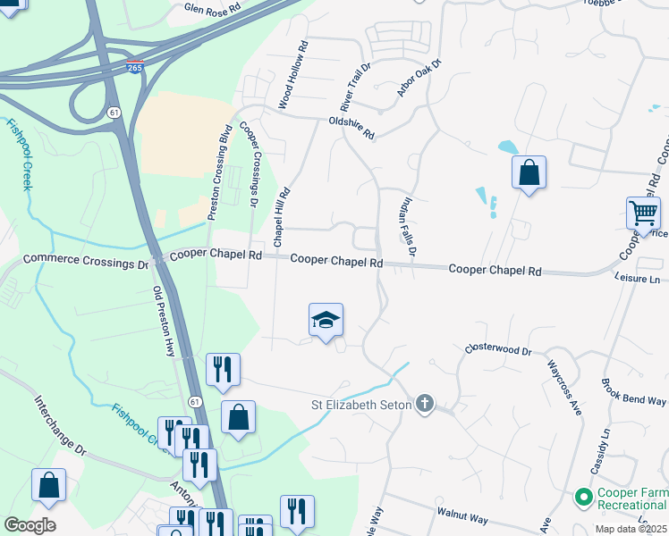 map of restaurants, bars, coffee shops, grocery stores, and more near 5206 Cooper Chapel Road in Louisville