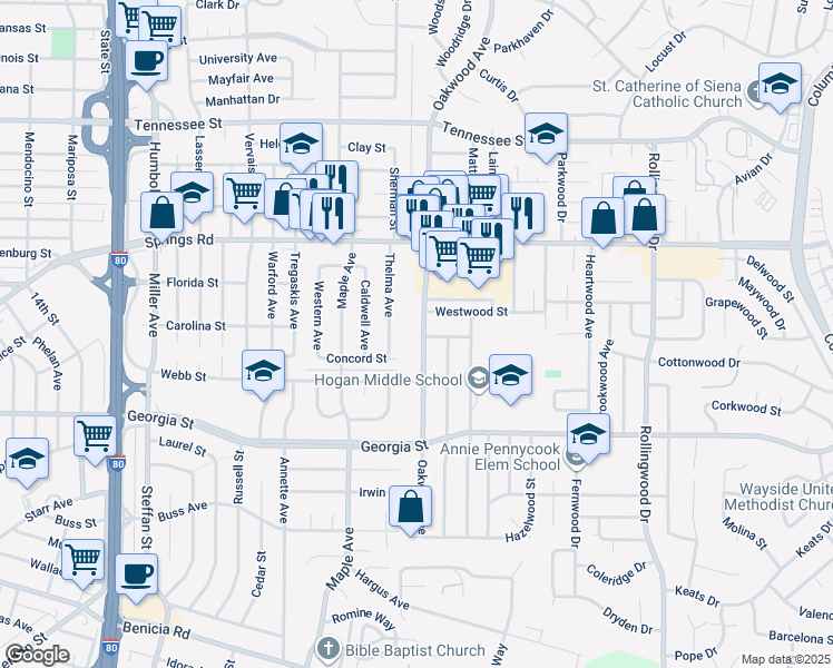 map of restaurants, bars, coffee shops, grocery stores, and more near 957 Oakwood Avenue in Vallejo