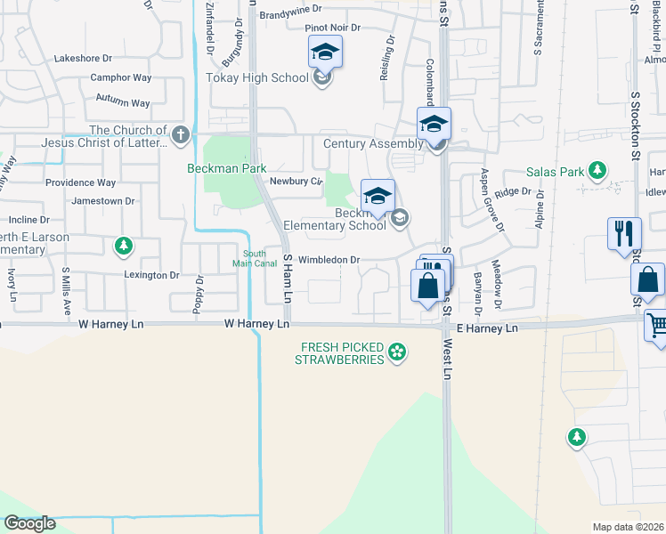 map of restaurants, bars, coffee shops, grocery stores, and more near 1020 Wimbledon Drive in Lodi
