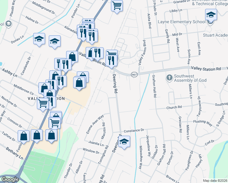 map of restaurants, bars, coffee shops, grocery stores, and more near 10402 Deering Road in Louisville
