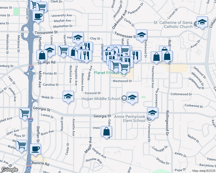map of restaurants, bars, coffee shops, grocery stores, and more near 957 Oakwood Avenue in Vallejo