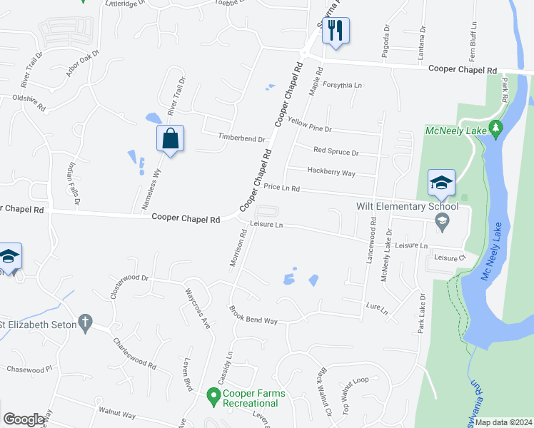 map of restaurants, bars, coffee shops, grocery stores, and more near 6101 Leisure Lane in Louisville