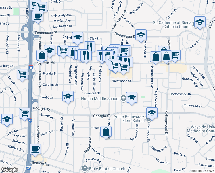 map of restaurants, bars, coffee shops, grocery stores, and more near 957 Oakwood Avenue in Vallejo
