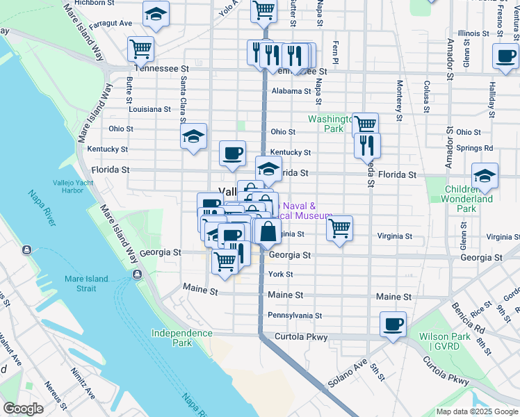 map of restaurants, bars, coffee shops, grocery stores, and more near in Vallejo