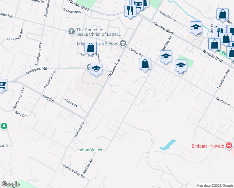 map of restaurants, bars, coffee shops, grocery stores, and more near 686 Wilson Avenue in Novato