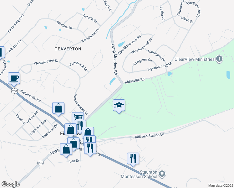 map of restaurants, bars, coffee shops, grocery stores, and more near 27 Rose Garden Lane in Fishersville