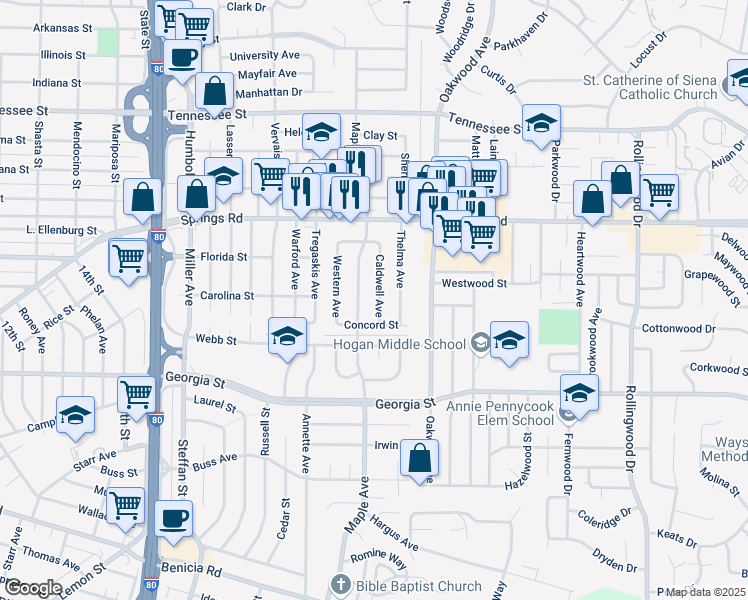 map of restaurants, bars, coffee shops, grocery stores, and more near 1019 Caldwell Avenue in Vallejo