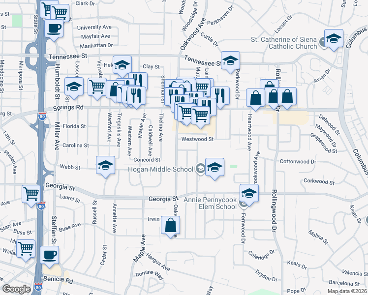 map of restaurants, bars, coffee shops, grocery stores, and more near 2114 Teakwood Street in Vallejo