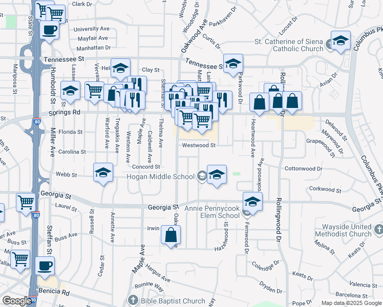 map of restaurants, bars, coffee shops, grocery stores, and more near 2115 Teakwood Street in Vallejo