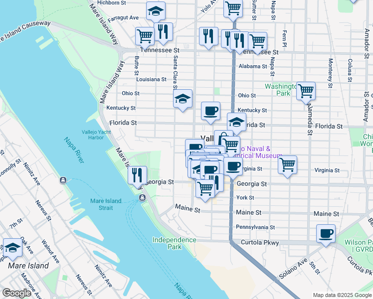 map of restaurants, bars, coffee shops, grocery stores, and more near 322 Capitol Street in Vallejo