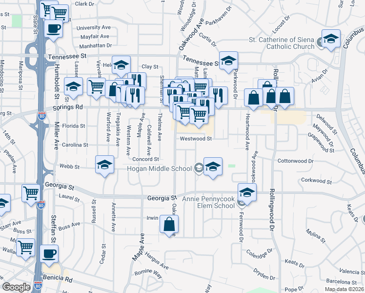 map of restaurants, bars, coffee shops, grocery stores, and more near 2114 Teakwood Street in Vallejo
