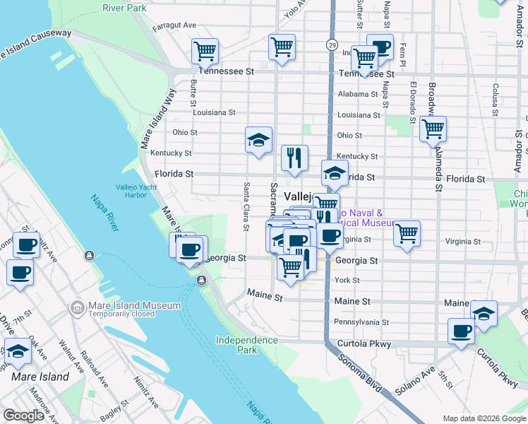 map of restaurants, bars, coffee shops, grocery stores, and more near 322 Capitol Street in Vallejo