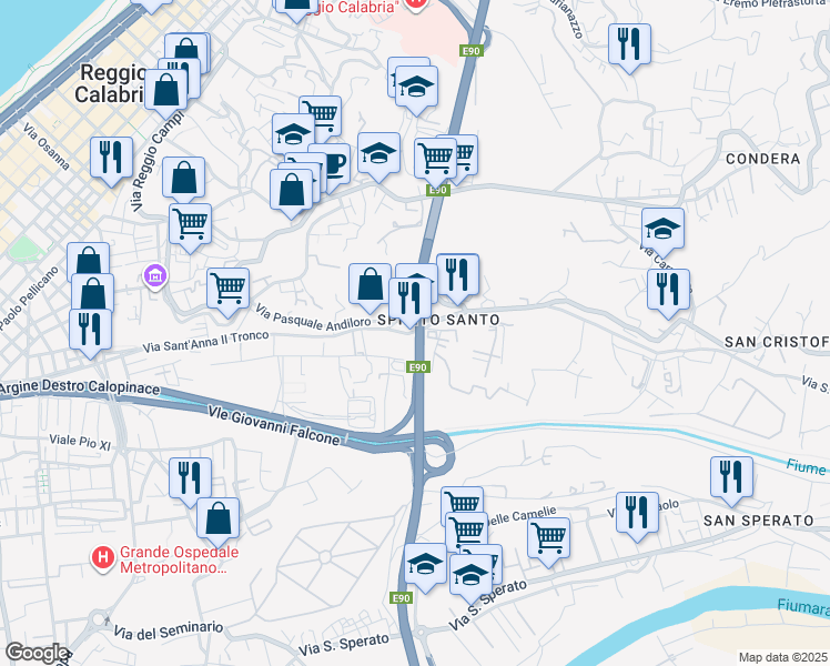 map of restaurants, bars, coffee shops, grocery stores, and more near 36 Viale Calabria in Reggio Calabria