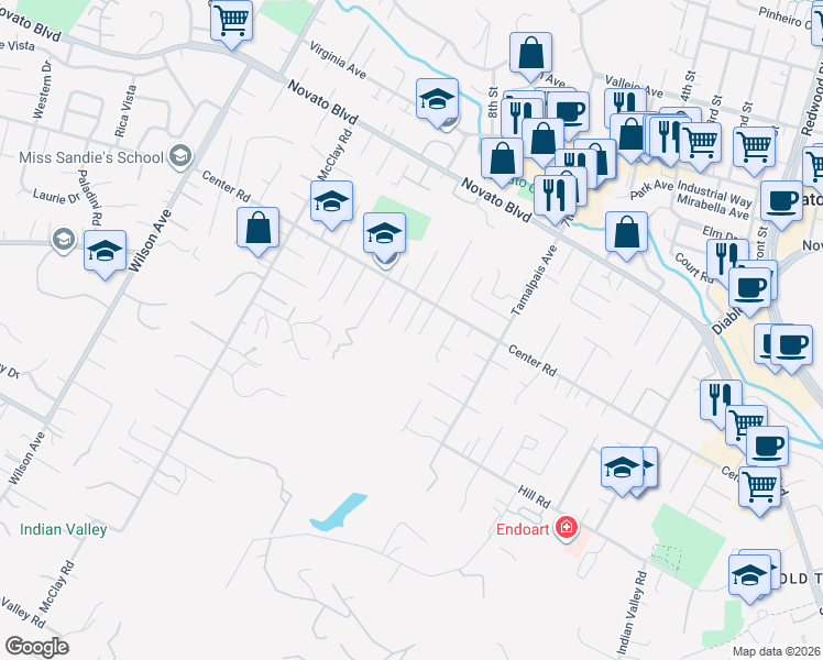 map of restaurants, bars, coffee shops, grocery stores, and more near 779 Storybook Court in Novato