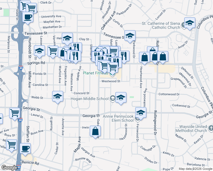 map of restaurants, bars, coffee shops, grocery stores, and more near 2115 Teakwood Street in Vallejo