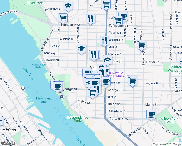 map of restaurants, bars, coffee shops, grocery stores, and more near 427 Capitol Street in Vallejo