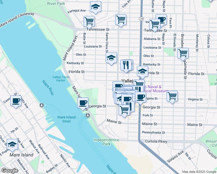 map of restaurants, bars, coffee shops, grocery stores, and more near 322 Capitol Street in Vallejo