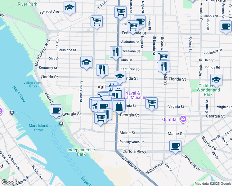 map of restaurants, bars, coffee shops, grocery stores, and more near in Vallejo