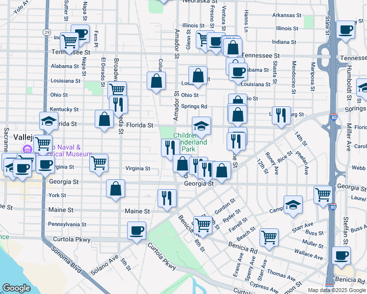 map of restaurants, bars, coffee shops, grocery stores, and more near 317 Glenn Street in Vallejo