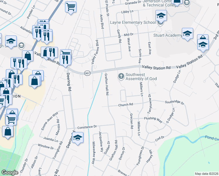 map of restaurants, bars, coffee shops, grocery stores, and more near 10405 Grafton Hall Road in Louisville