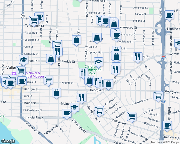 map of restaurants, bars, coffee shops, grocery stores, and more near 1402 Capitol Street in Vallejo