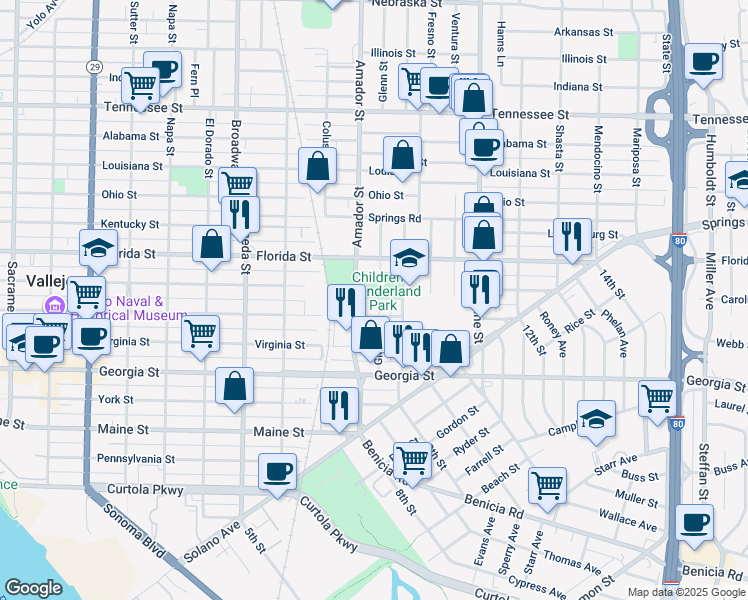 map of restaurants, bars, coffee shops, grocery stores, and more near 317 Glenn Street in Vallejo