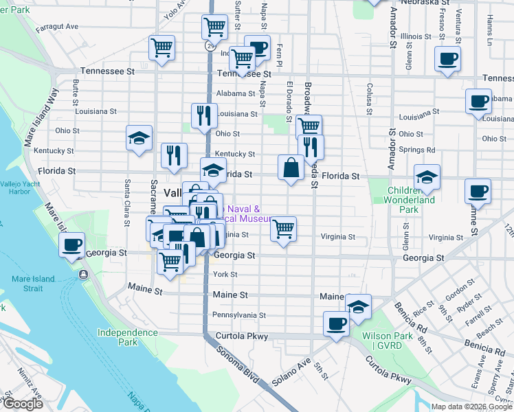 map of restaurants, bars, coffee shops, grocery stores, and more near 806 Capitol Street in Vallejo
