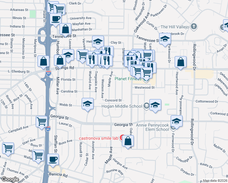 map of restaurants, bars, coffee shops, grocery stores, and more near 1023 Caldwell Avenue in Vallejo