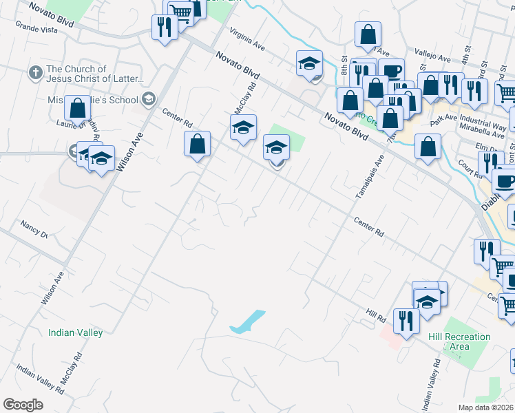 map of restaurants, bars, coffee shops, grocery stores, and more near 4 Harris Hill Drive in Novato