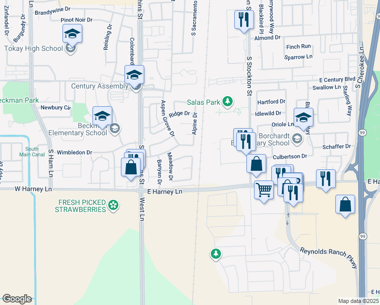 map of restaurants, bars, coffee shops, grocery stores, and more near 145 Mulberry Circle in Lodi