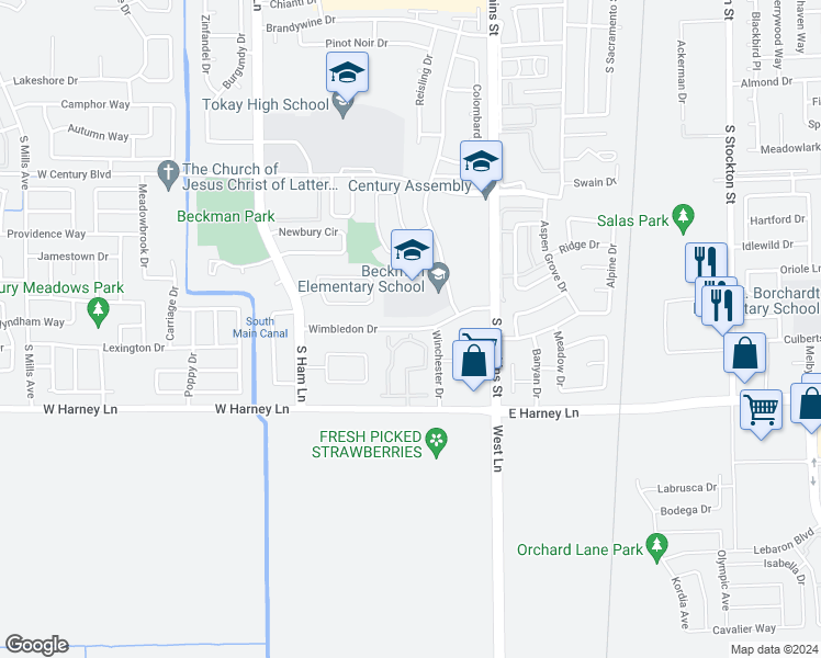 map of restaurants, bars, coffee shops, grocery stores, and more near 815 Wimbledon Drive in Lodi