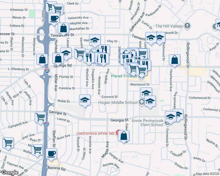 map of restaurants, bars, coffee shops, grocery stores, and more near 1010 Caldwell Avenue in Vallejo