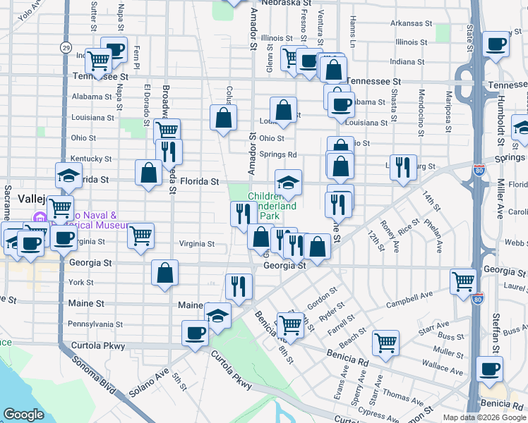 map of restaurants, bars, coffee shops, grocery stores, and more near 1402 Capitol Street in Vallejo
