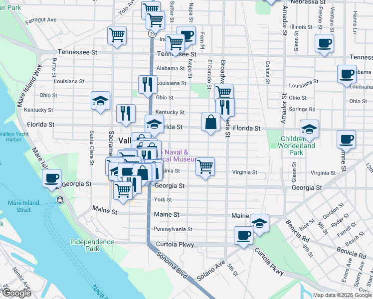 map of restaurants, bars, coffee shops, grocery stores, and more near 806 Capitol Street in Vallejo