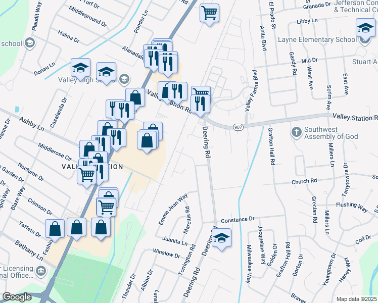 map of restaurants, bars, coffee shops, grocery stores, and more near 10304 Torrington Road in Louisville