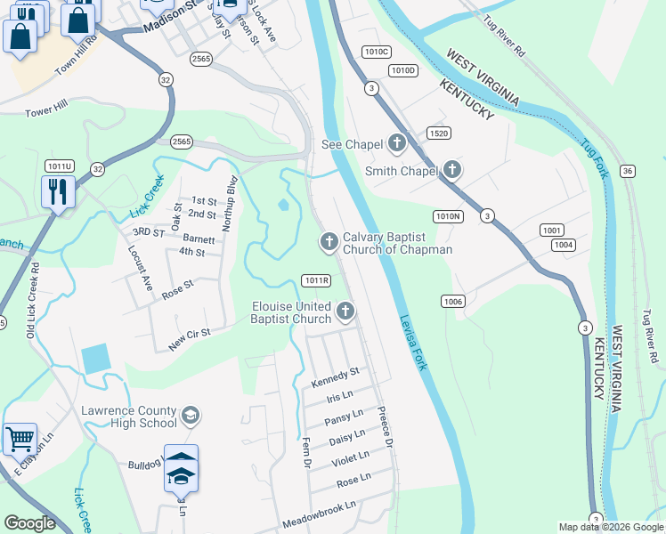 map of restaurants, bars, coffee shops, grocery stores, and more near 66 Cranberry Drive in Louisa