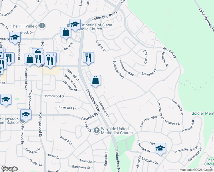 map of restaurants, bars, coffee shops, grocery stores, and more near 43 Garthe Court in Vallejo