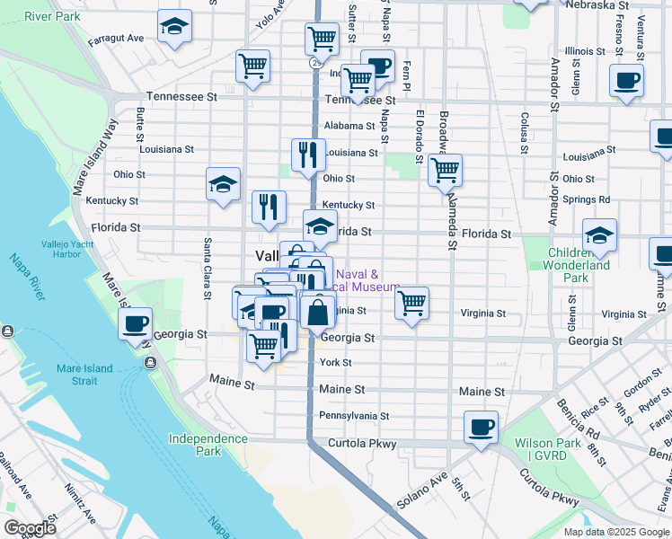 map of restaurants, bars, coffee shops, grocery stores, and more near in Vallejo