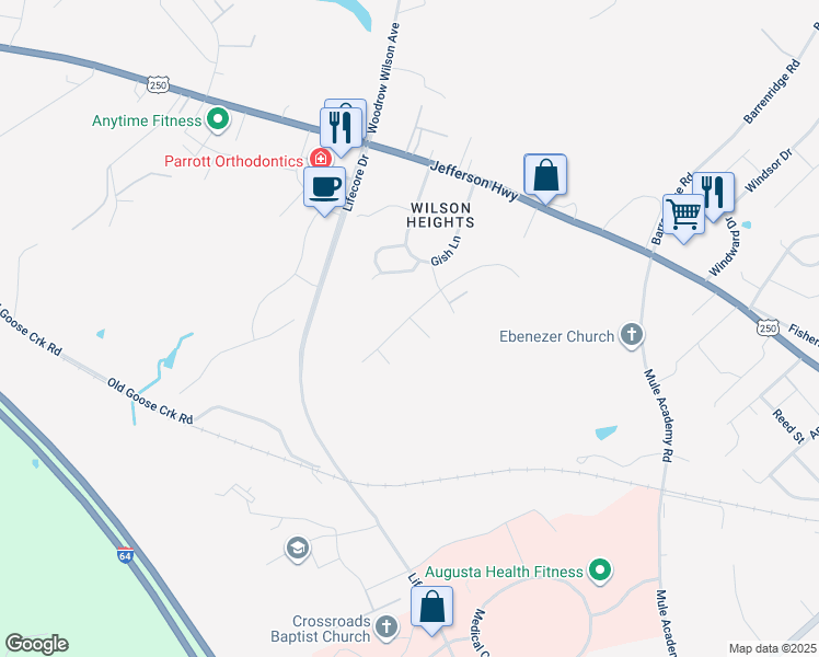 map of restaurants, bars, coffee shops, grocery stores, and more near 124 Fairmont Drive in Staunton