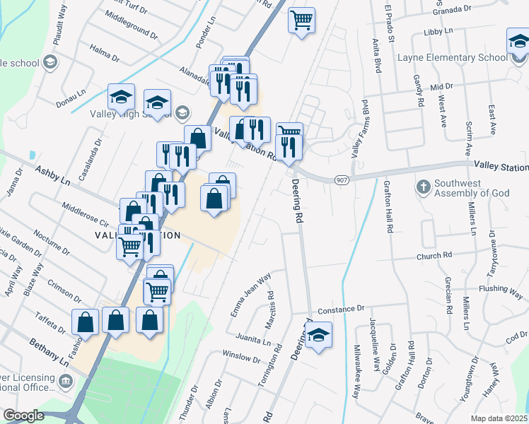 map of restaurants, bars, coffee shops, grocery stores, and more near 10304 Torrington Road in Louisville