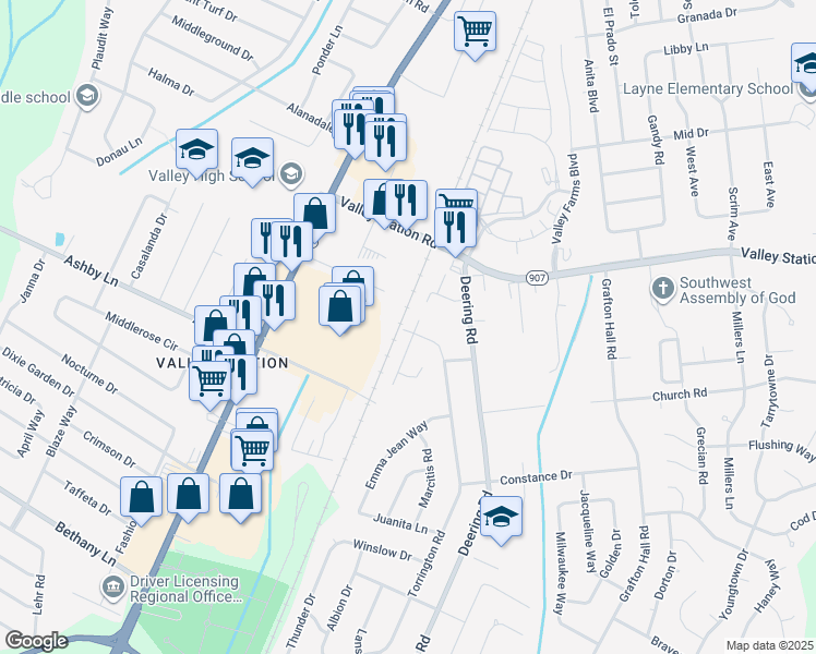 map of restaurants, bars, coffee shops, grocery stores, and more near 10304 Torrington Road in Louisville