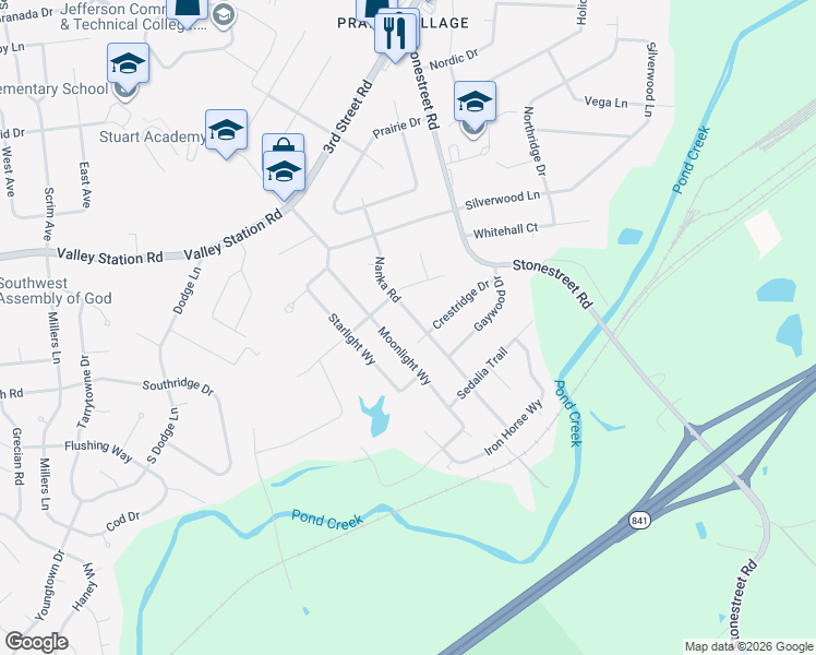 map of restaurants, bars, coffee shops, grocery stores, and more near 10310 Moonlight Way in Louisville
