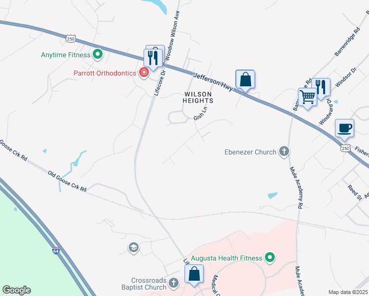map of restaurants, bars, coffee shops, grocery stores, and more near 124 Fairmont Drive in Staunton